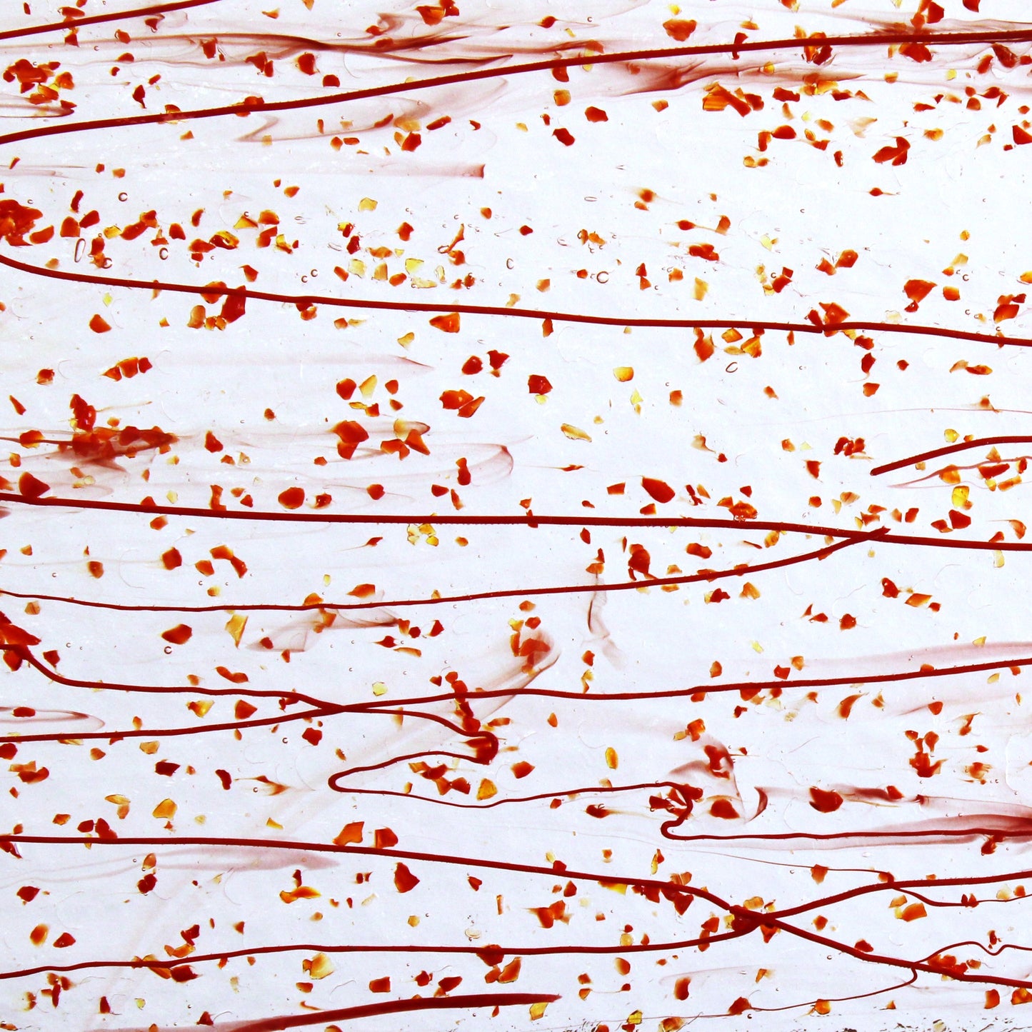Bullseye 4224 Stained Glass sheet, red frit & red stringers on clear 90 COE fusible art glass. Bradstreet Glass