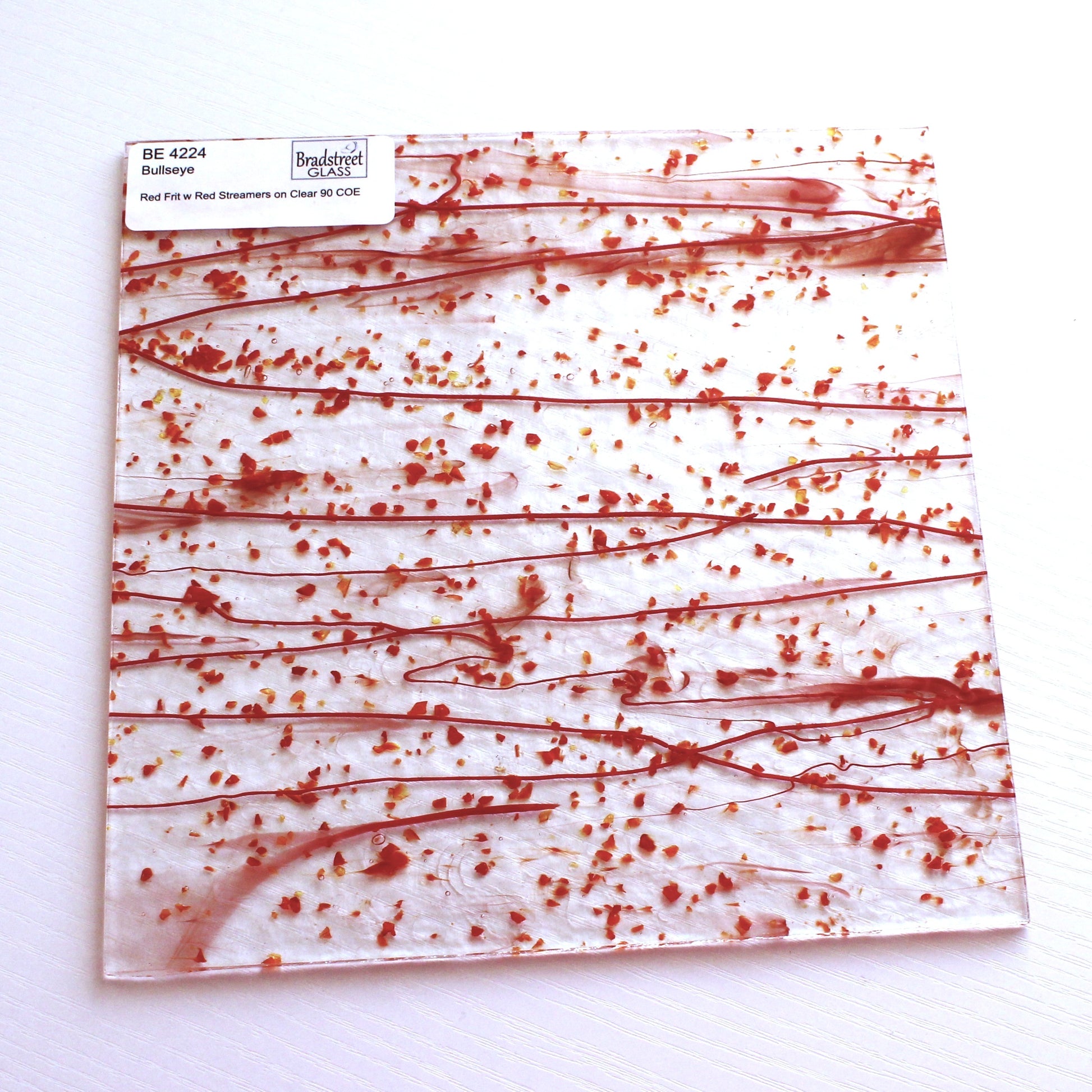 Bullseye 4224 Stained Glass sheet, red frit & red stringers on clear 90 COE fusible art glass. Bradstreet Glass