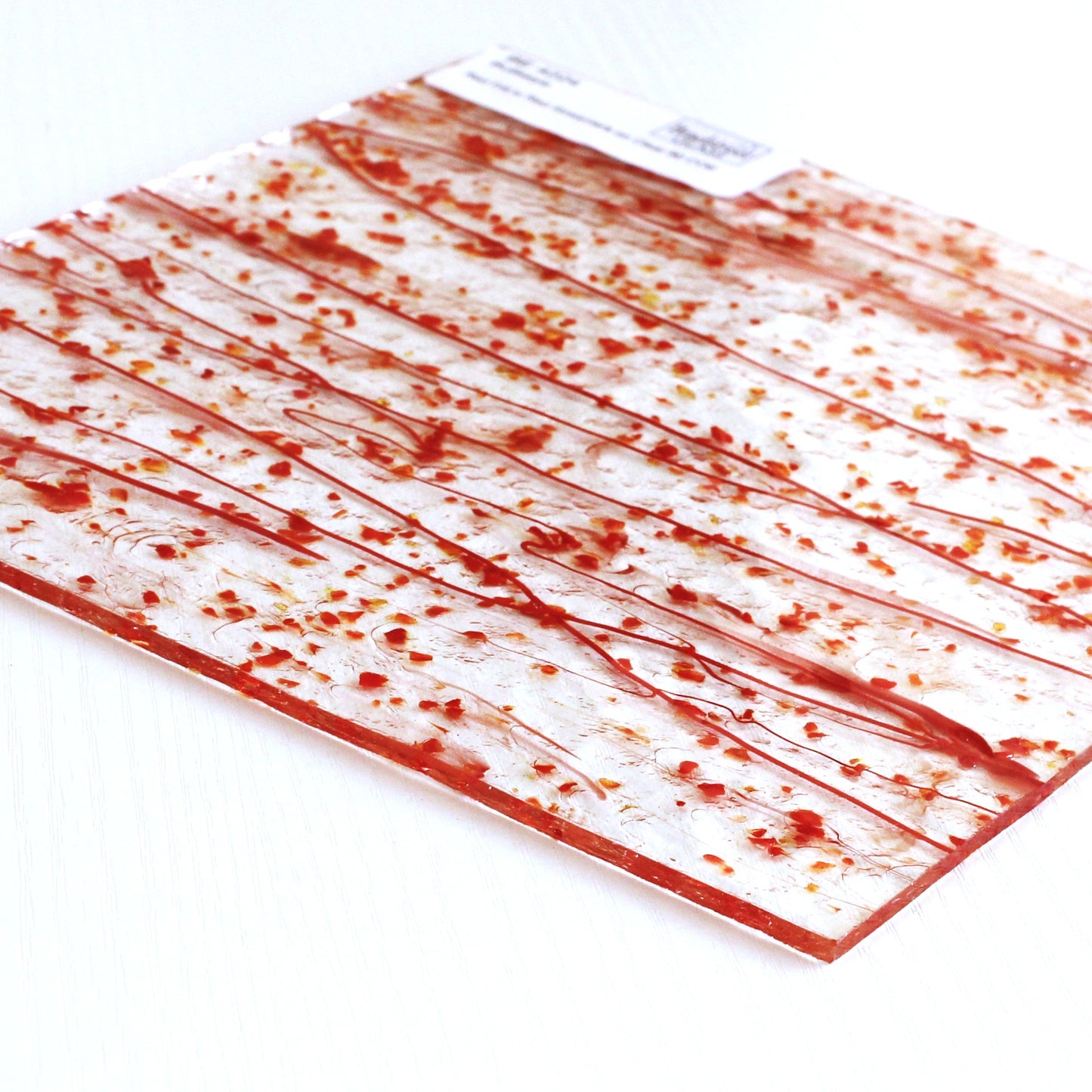 Bullseye 4224 Stained Glass sheet, red frit & red stringers on clear 90 COE fusible art glass. Bradstreet Glass