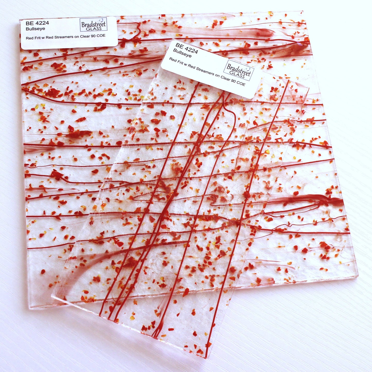 Bullseye 4224 Stained Glass sheet, red frit & red stringers on clear 90 COE fusible art glass. Bradstreet Glass