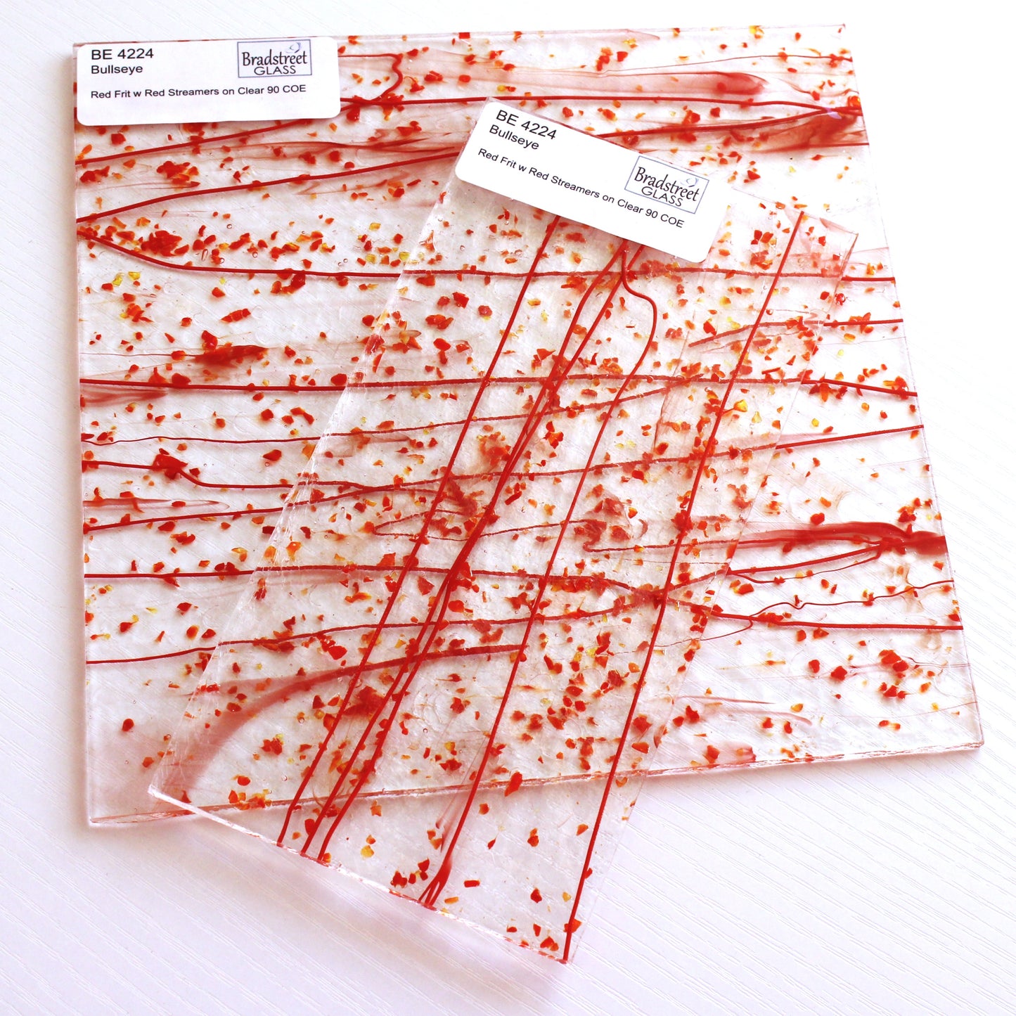 Bullseye 4224 Stained Glass sheet, red frit & red stringers on clear 90 COE fusible art glass. Bradstreet Glass