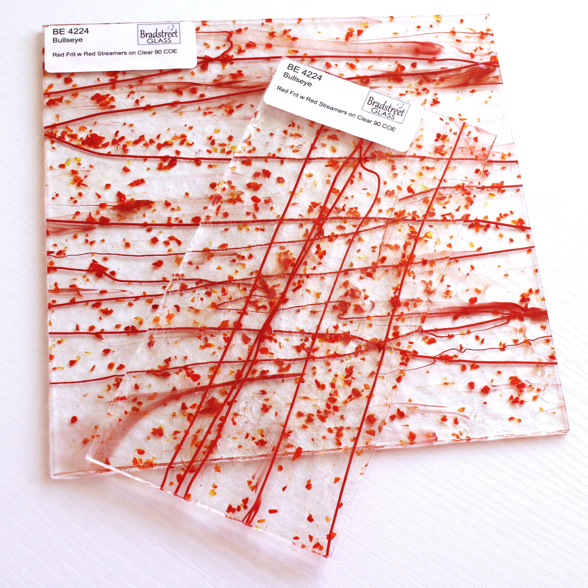 Bullseye 4224 Stained Glass sheet, red frit & red stringers on clear 90 COE fusible art glass. Bradstreet Glass