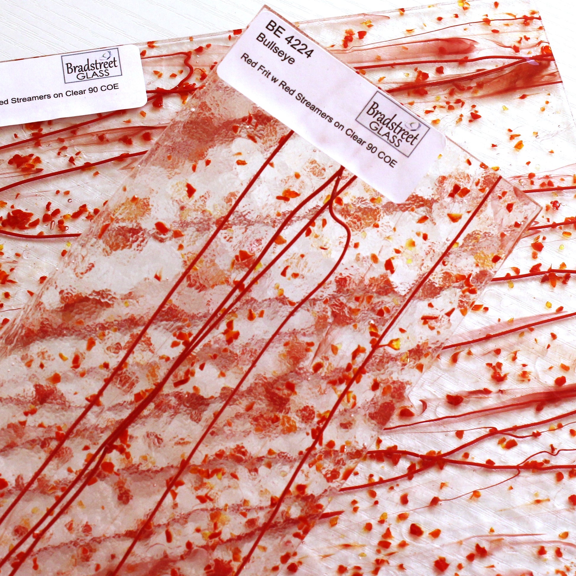 Bullseye 4224 Stained Glass sheet, red frit & red stringers on clear 90 COE fusible art glass. Bradstreet Glass