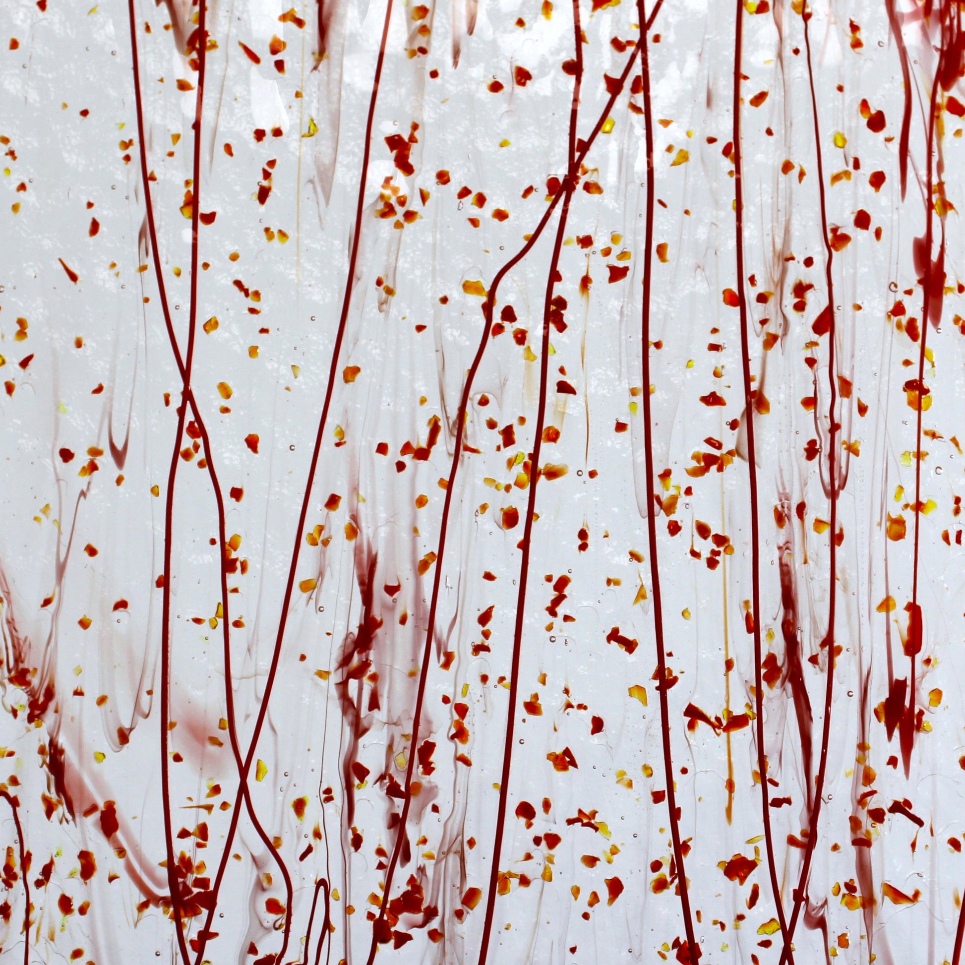 Bullseye 4224 Stained Glass sheet, red frit & red stringers on clear 90 COE fusible art glass. Bradstreet Glass