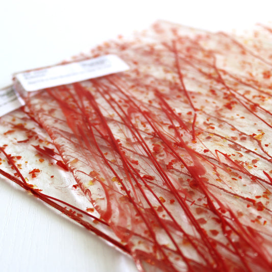 Bullseye 4224 Stained Glass sheet, red frit & red stringers on clear 90 COE fusible art glass. Bradstreet Glass