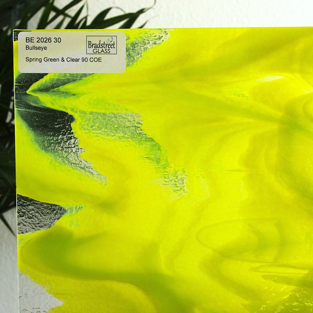 Spring Green and Clear Stained Glass Sheet, 90 COE Bullseye 2026. Fusible art glass at Bradstreet Glass.
