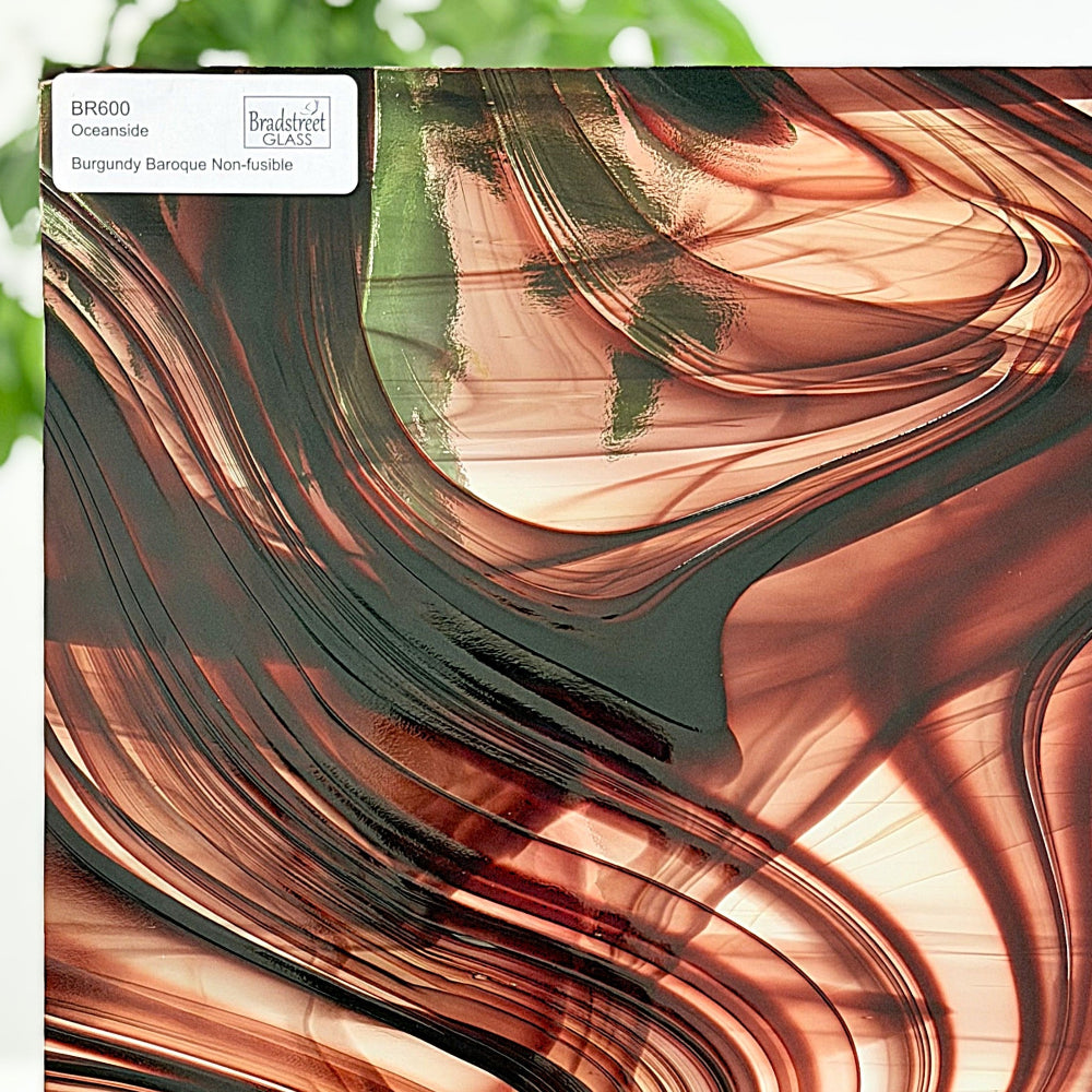 Oceanside BR600 Burgundy and Clear Baroque Stained Glass Sheet. Swirled art glass for stained glass and mosaic glass at Bradstreet Glass.