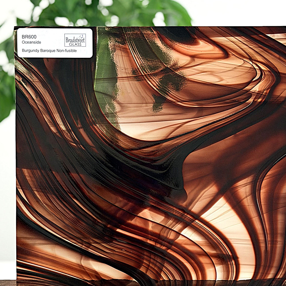 Oceanside BR600 Burgundy and Clear Baroque Stained Glass Sheet. Swirled art glass for stained glass and mosaic glass at Bradstreet Glass.