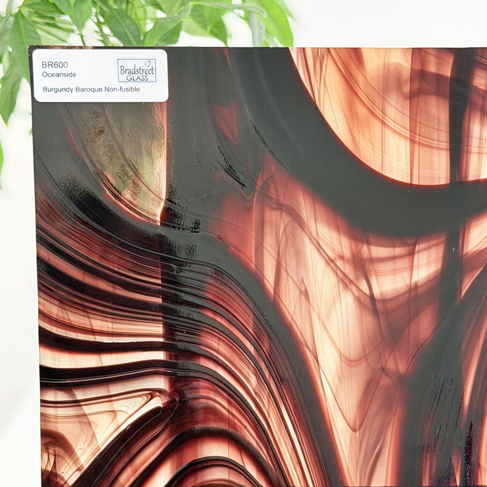 Oceanside BR600 Burgundy and Clear Baroque Stained Glass Sheet. Swirled art glass for stained glass and mosaic glass at Bradstreet Glass.