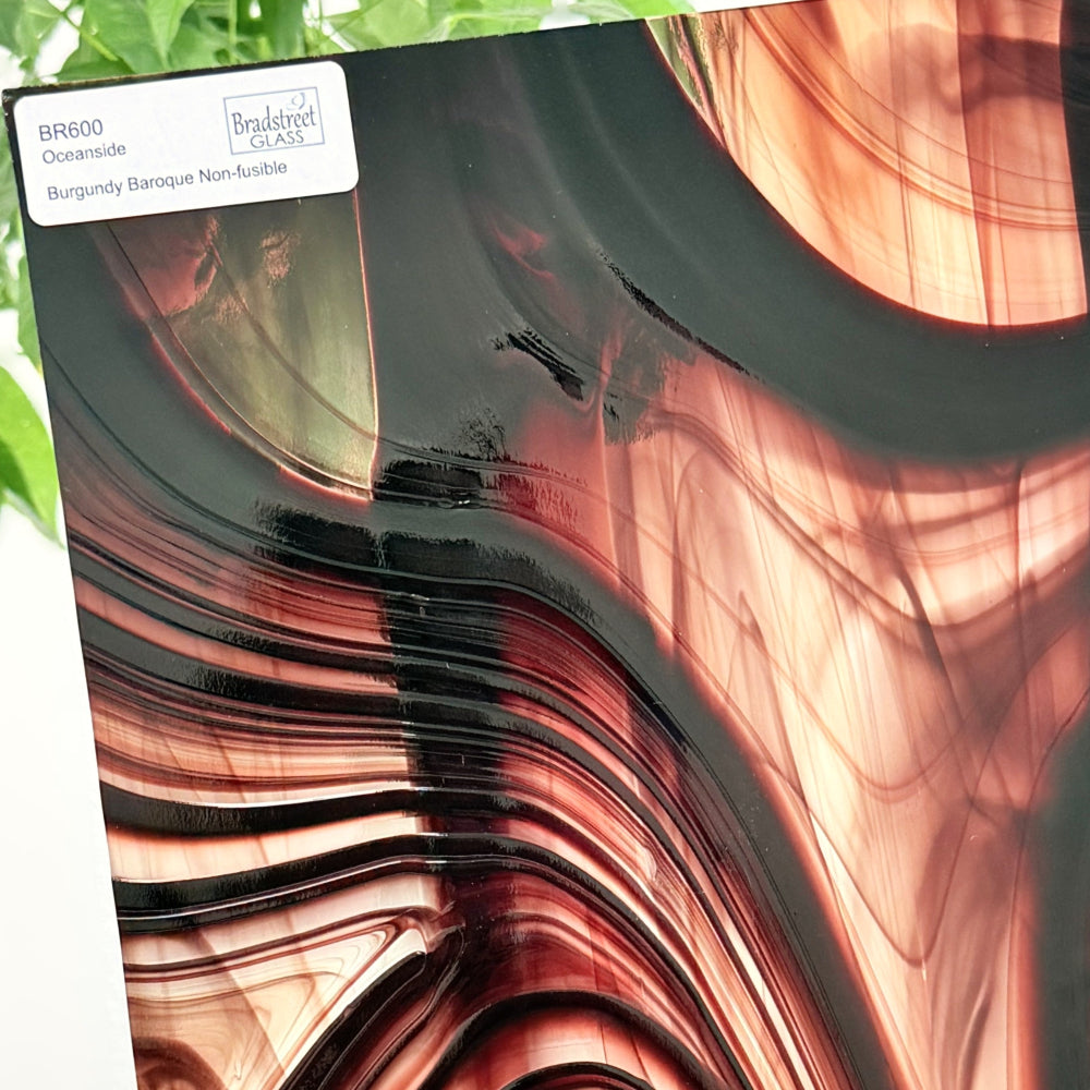 Oceanside BR600 Burgundy and Clear Baroque Stained Glass Sheet. Swirled art glass for stained glass and mosaic glass at Bradstreet Glass.