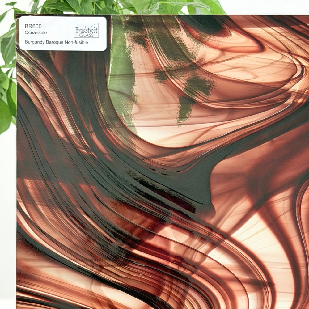 Oceanside BR600 Burgundy and Clear Baroque Stained Glass Sheet. Swirled art glass for stained glass and mosaic glass at Bradstreet Glass.