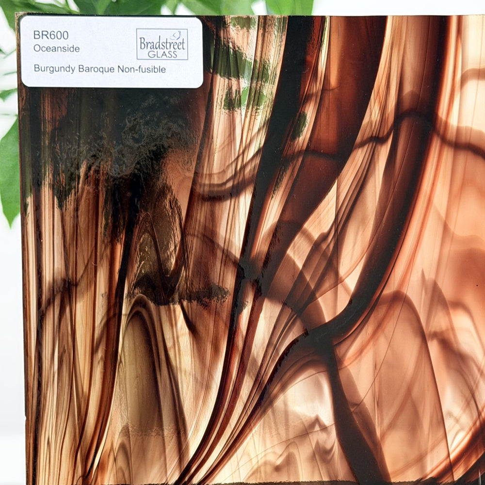 Oceanside BR600 Burgundy and Clear Baroque Stained Glass Sheet. Swirled art glass for stained glass and mosaic glass at Bradstreet Glass.