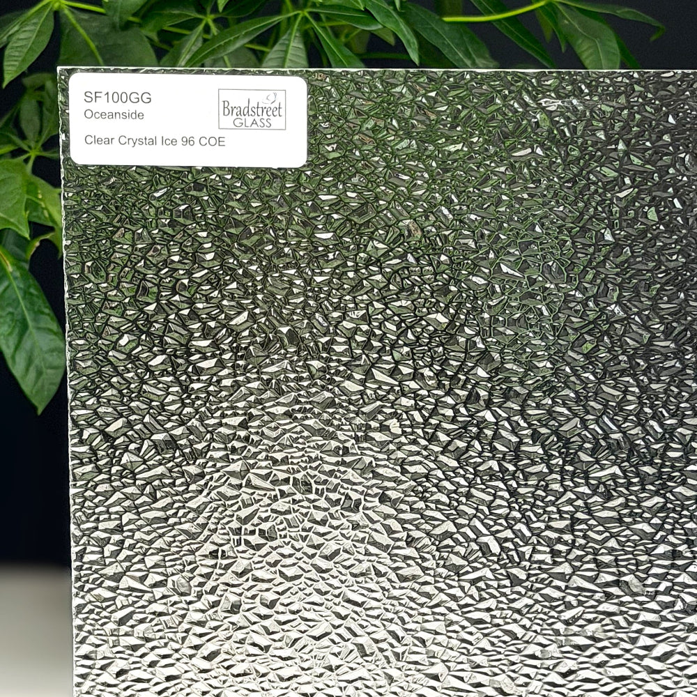 Oceanside SF100GG Fusible Stained Glass Sheet
Clear Crystal Ice Textured art glass for stained glass, fusing and mosaics at Bradstreet Glass.