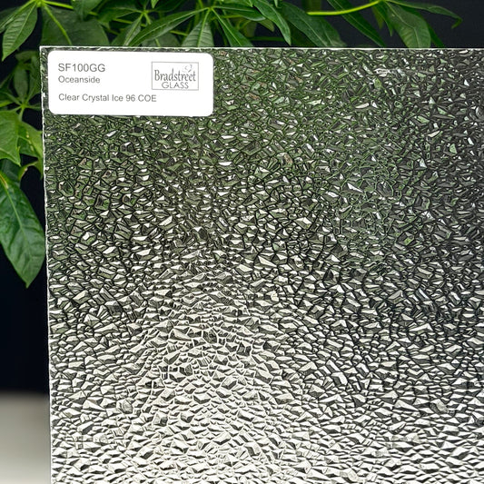 Oceanside SF100GG Fusible Stained Glass Sheet
Clear Crystal Ice Textured art glass for stained glass, fusing and mosaics at Bradstreet Glass.
