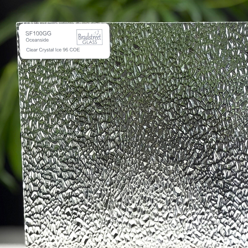 Oceanside SF100GG Fusible Stained Glass Sheet
Clear Crystal Ice Textured art glass for stained glass, fusing and mosaics at Bradstreet Glass.