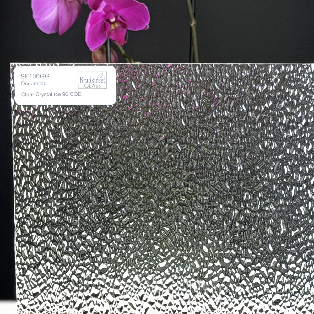 Oceanside SF100GG Fusible Stained Glass Sheet
Clear Crystal Ice Textured art glass for stained glass, fusing and mosaics at Bradstreet Glass.