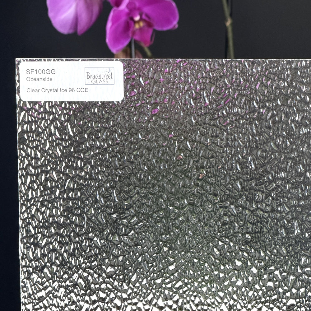 Oceanside SF100GG Fusible Stained Glass Sheet
Clear Crystal Ice Textured art glass for stained glass, fusing and mosaics at Bradstreet Glass.