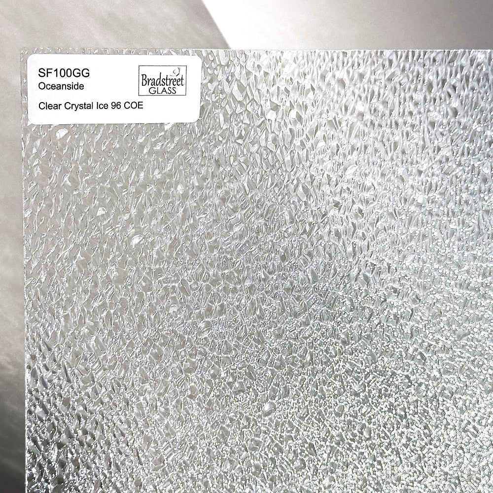 Oceanside SF100GG Fusible Stained Glass Sheet
Clear Crystal Ice Textured art glass for stained glass, fusing and mosaics at Bradstreet Glass.