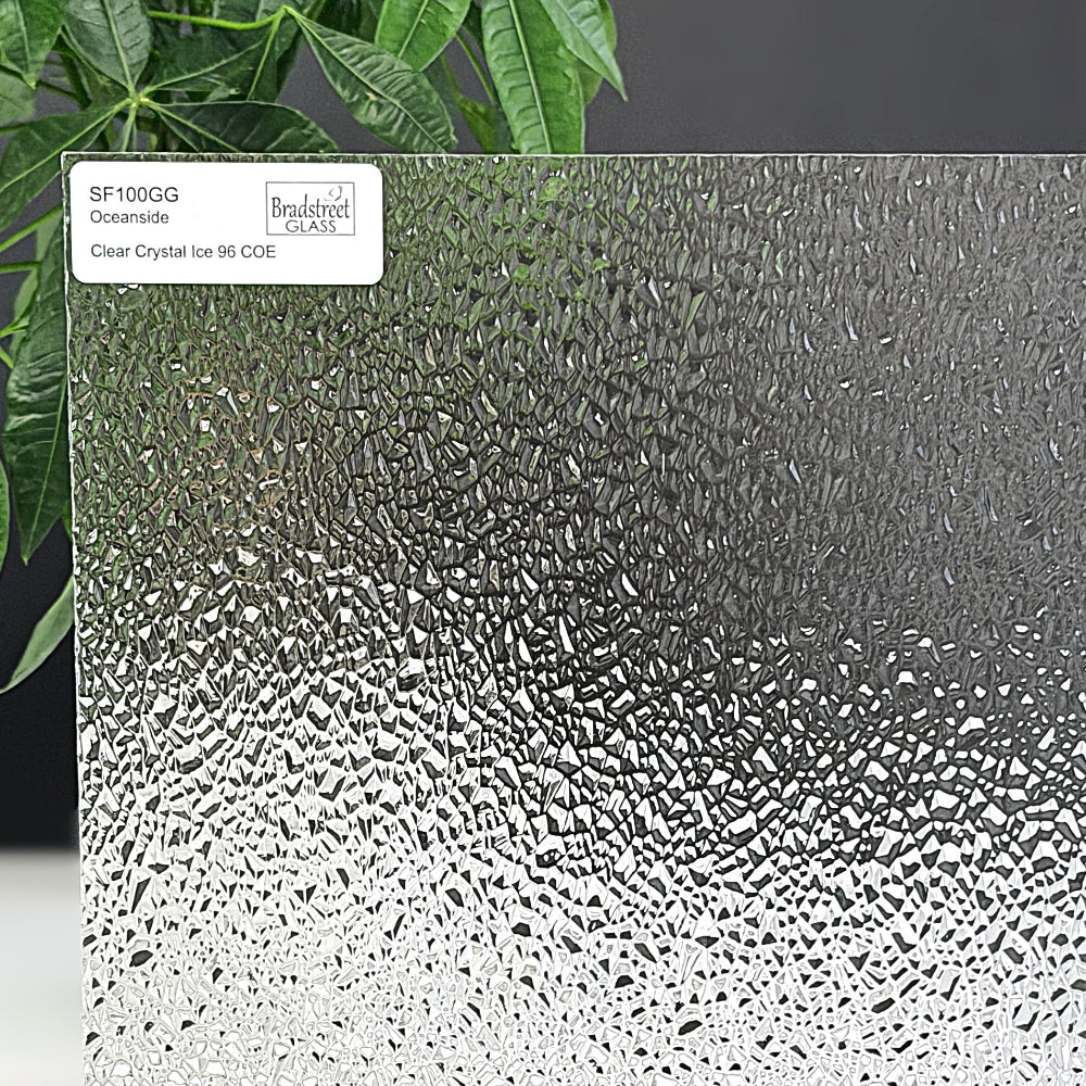 Oceanside SF100GG Fusible Stained Glass Sheet
Clear Crystal Ice Textured art glass for stained glass, fusing and mosaics at Bradstreet Glass.
