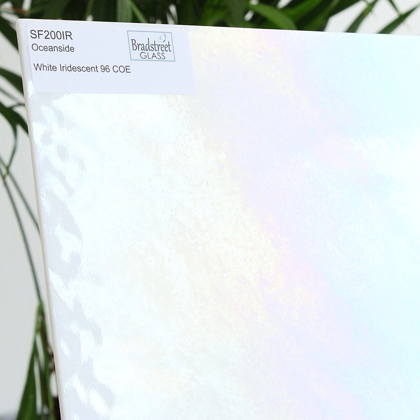 Oceanside SF200IR Fusible Stained Glass Sheet. White Iridescent 96 COE art glass for stained glass, mosaics and fusing at Bradstreet Glass.