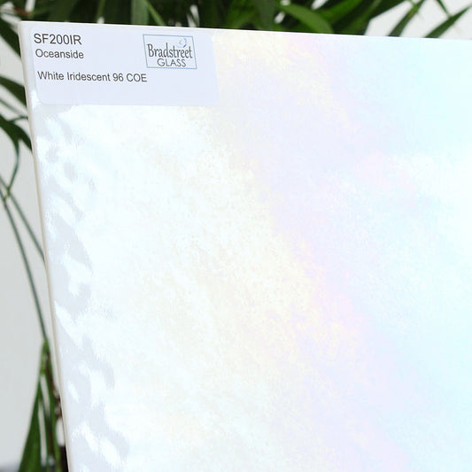 Oceanside SF200IR Fusible Stained Glass Sheet. White Iridescent 96 COE art glass for stained glass, mosaics and fusing at Bradstreet Glass.