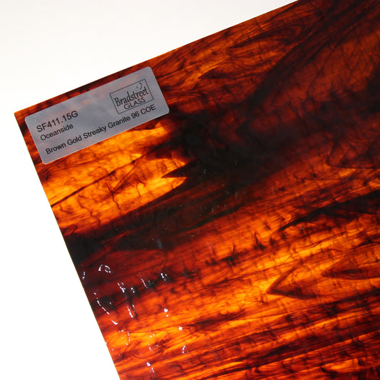 Oceanside Brown gold streaky granite stained glass sheet with Bradstreet Glass Label