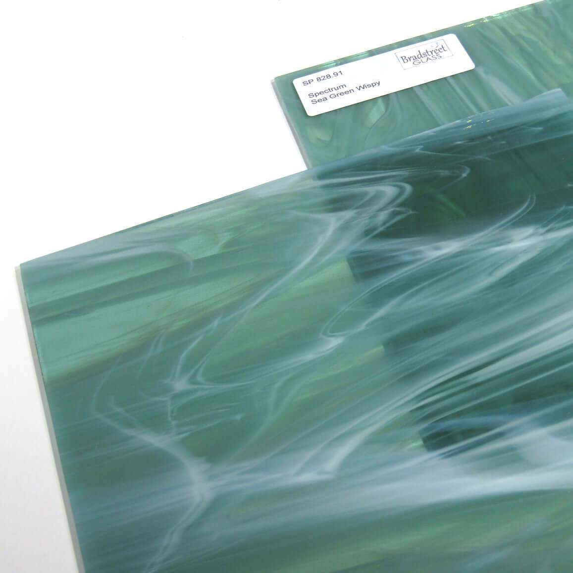 Bradstreet Glass Sea Green and White Wispy Stained Glass Sheet Spectrum 828.91