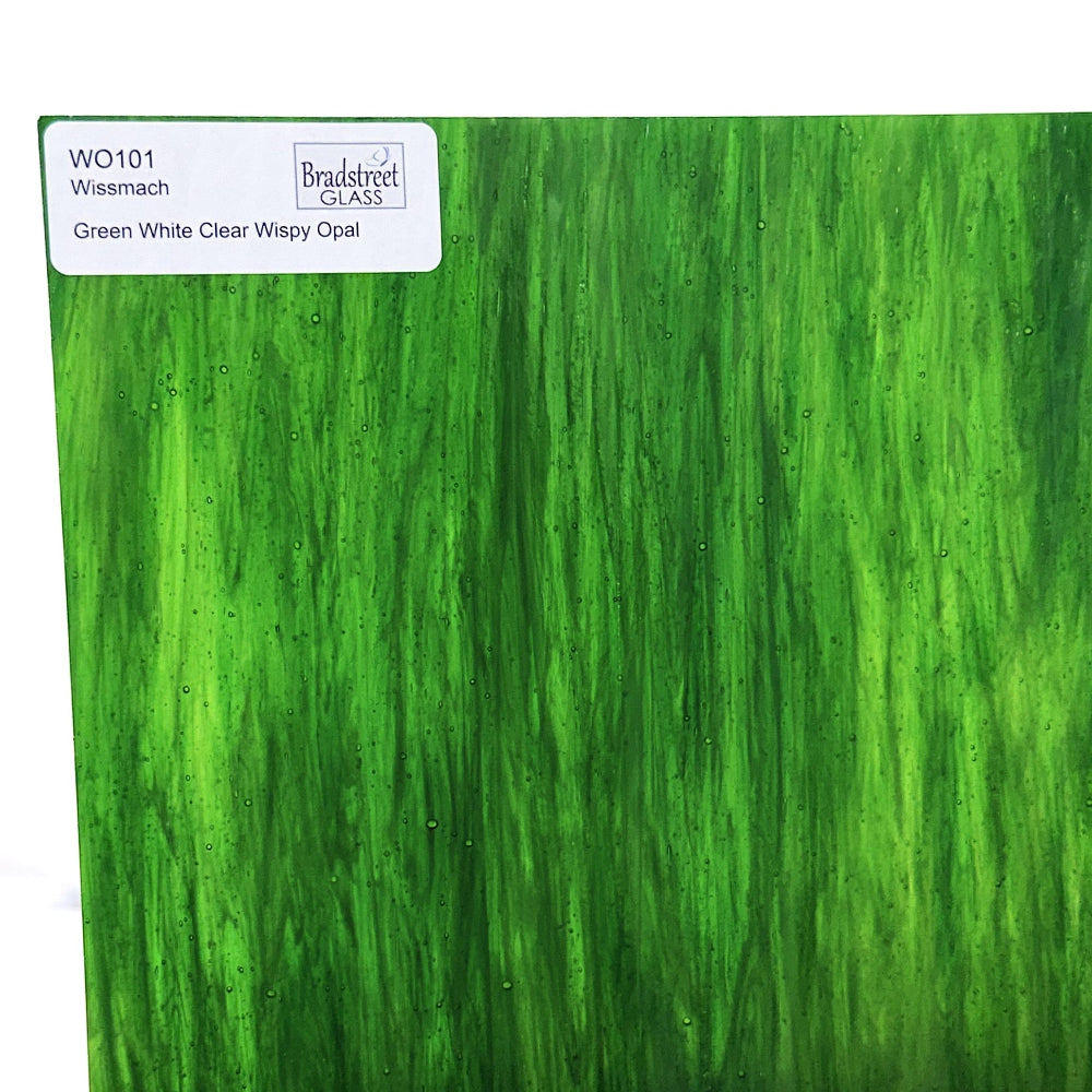 Wissmach WO101 Stained Glass Sheet
Green, White, Clear Wispy Opal art glass for stained glass and mosaics at Bradstreet Glass.