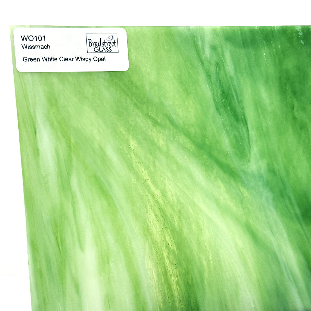 Wissmach WO101 Stained Glass Sheet
Green, White, Clear Wispy Opal art glass for stained glass and mosaics at Bradstreet Glass.