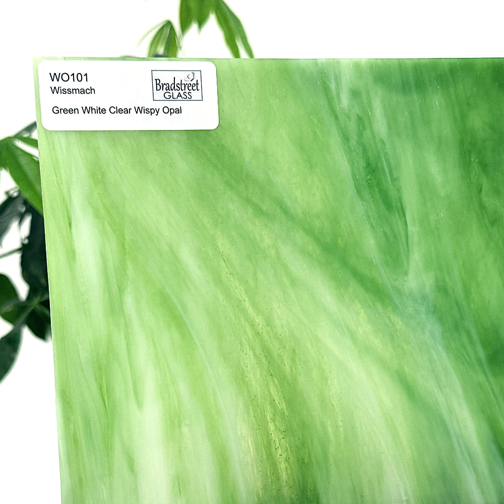 Wissmach WO101 Stained Glass Sheet
Green, White, Clear Wispy Opal art glass for stained glass and mosaics at Bradstreet Glass.