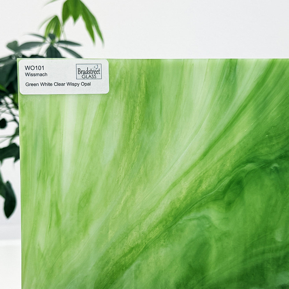Wissmach WO101 Stained Glass Sheet
Green, White, Clear Wispy Opal art glass for stained glass and mosaics at Bradstreet Glass.
