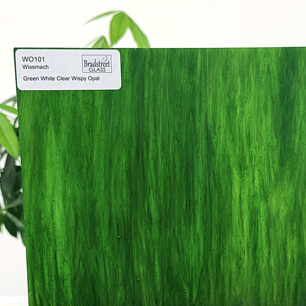 Wissmach WO101 Stained Glass Sheet
Green, White, Clear Wispy Opal art glass for stained glass and mosaics at Bradstreet Glass.