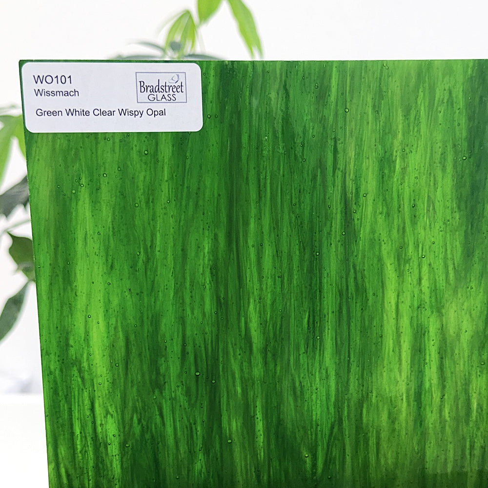 Wissmach WO101 Stained Glass Sheet
Green, White, Clear Wispy Opal art glass for stained glass and mosaics at Bradstreet Glass.
