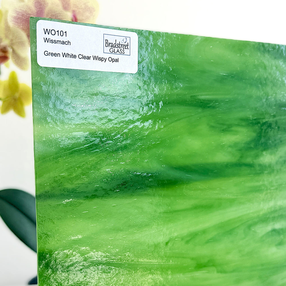 Wissmach WO101 Stained Glass Sheet
Green, White, Clear Wispy Opal art glass for stained glass and mosaics at Bradstreet Glass.