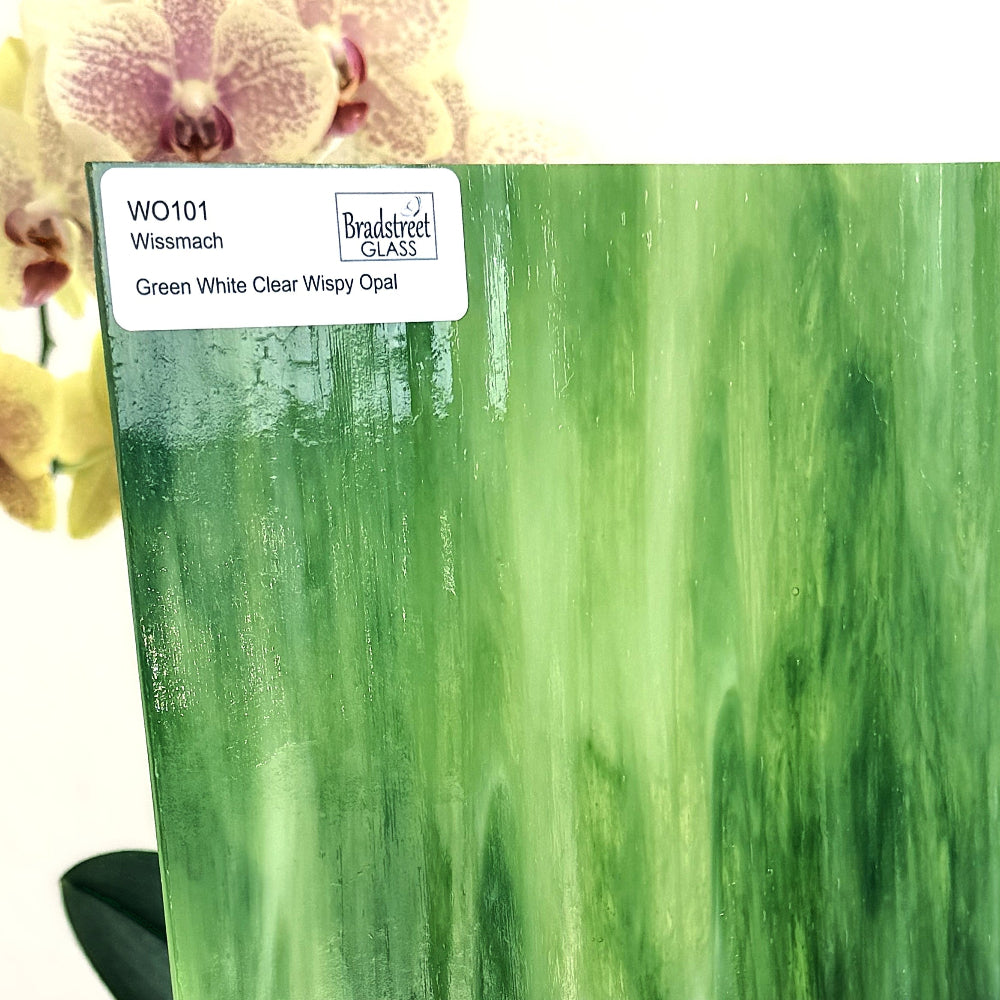 Wissmach WO101 Stained Glass Sheet
Green, White, Clear Wispy Opal art glass for stained glass and mosaics at Bradstreet Glass.
