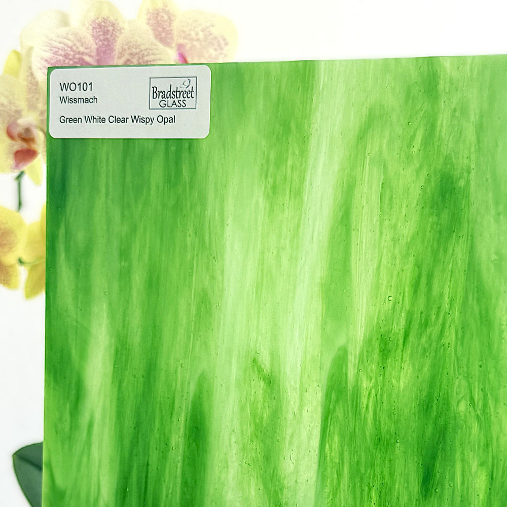 Wissmach WO101 Stained Glass Sheet
Green, White, Clear Wispy Opal art glass for stained glass and mosaics at Bradstreet Glass.