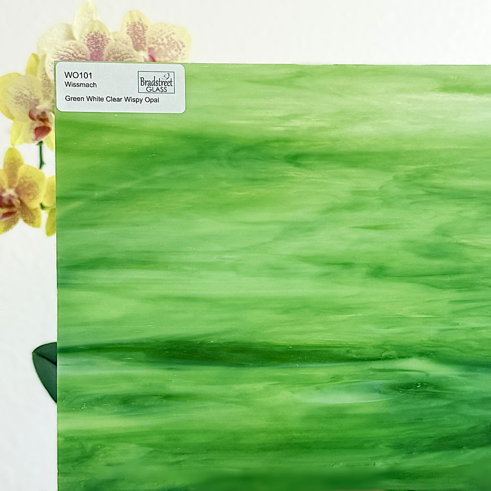Wissmach WO101 Stained Glass Sheet
Green, White, Clear Wispy Opal art glass for stained glass and mosaics at Bradstreet Glass.