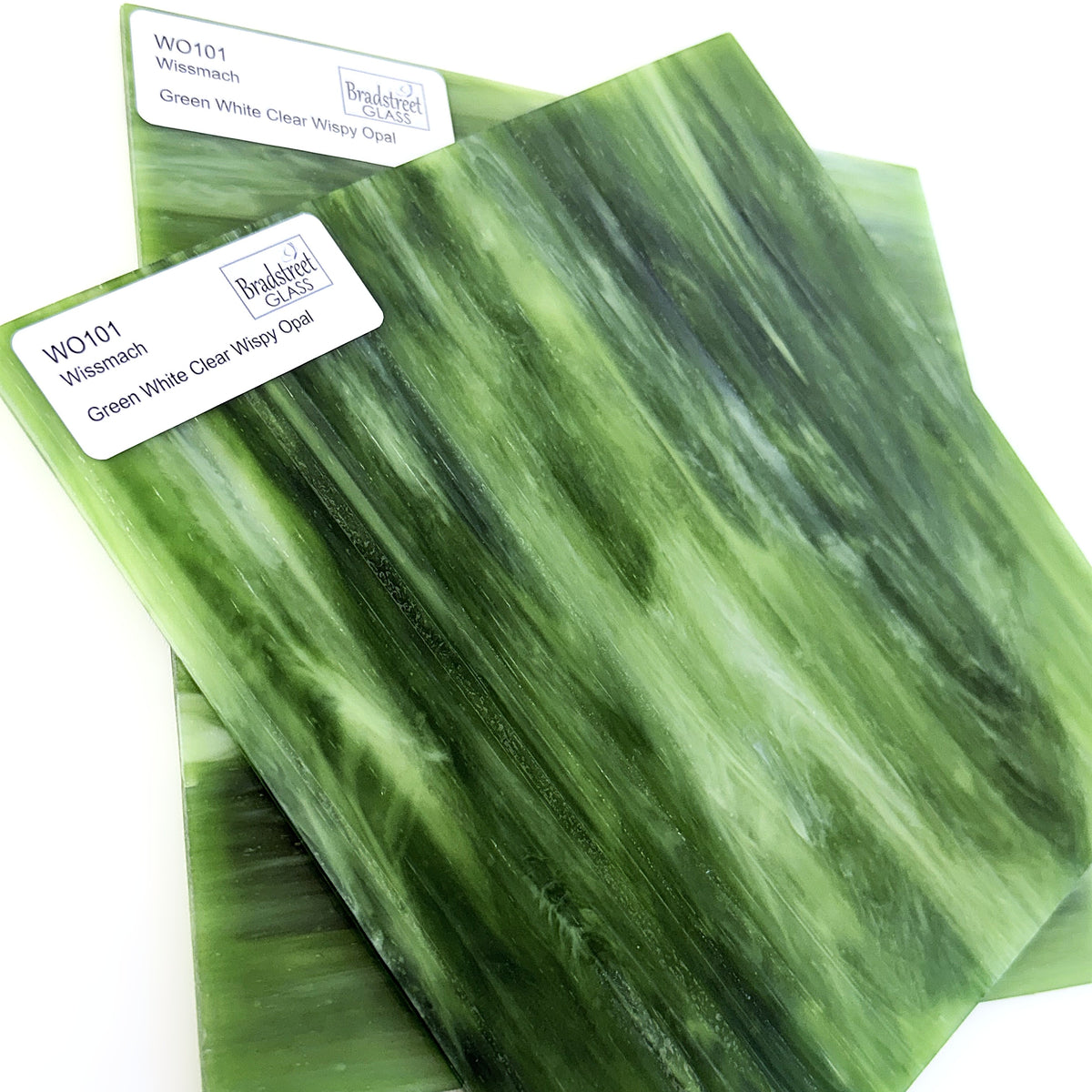 Wissmach WO101 Stained Glass Sheet
Green, White, Clear Wispy Opal art glass for stained glass and mosaics at Bradstreet Glass.
