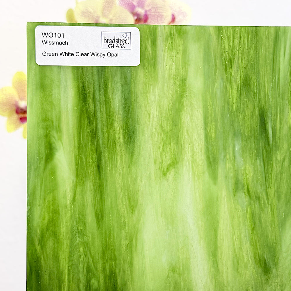 Wissmach WO101 Stained Glass Sheet
Green, White, Clear Wispy Opal art glass for stained glass and mosaics at Bradstreet Glass.