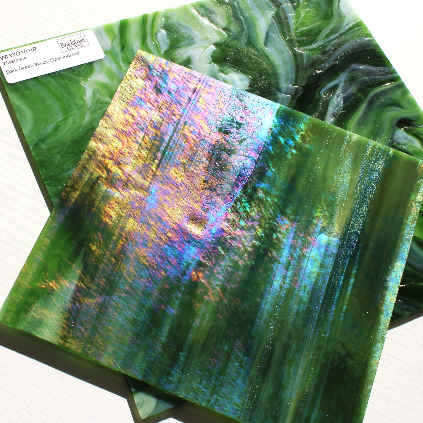 Dark Green Wispy Opal Iridized Stained Glass Sheet Wissmach WO101IR Green Swirled Iridescent Art Glass at Bradstreet Glass