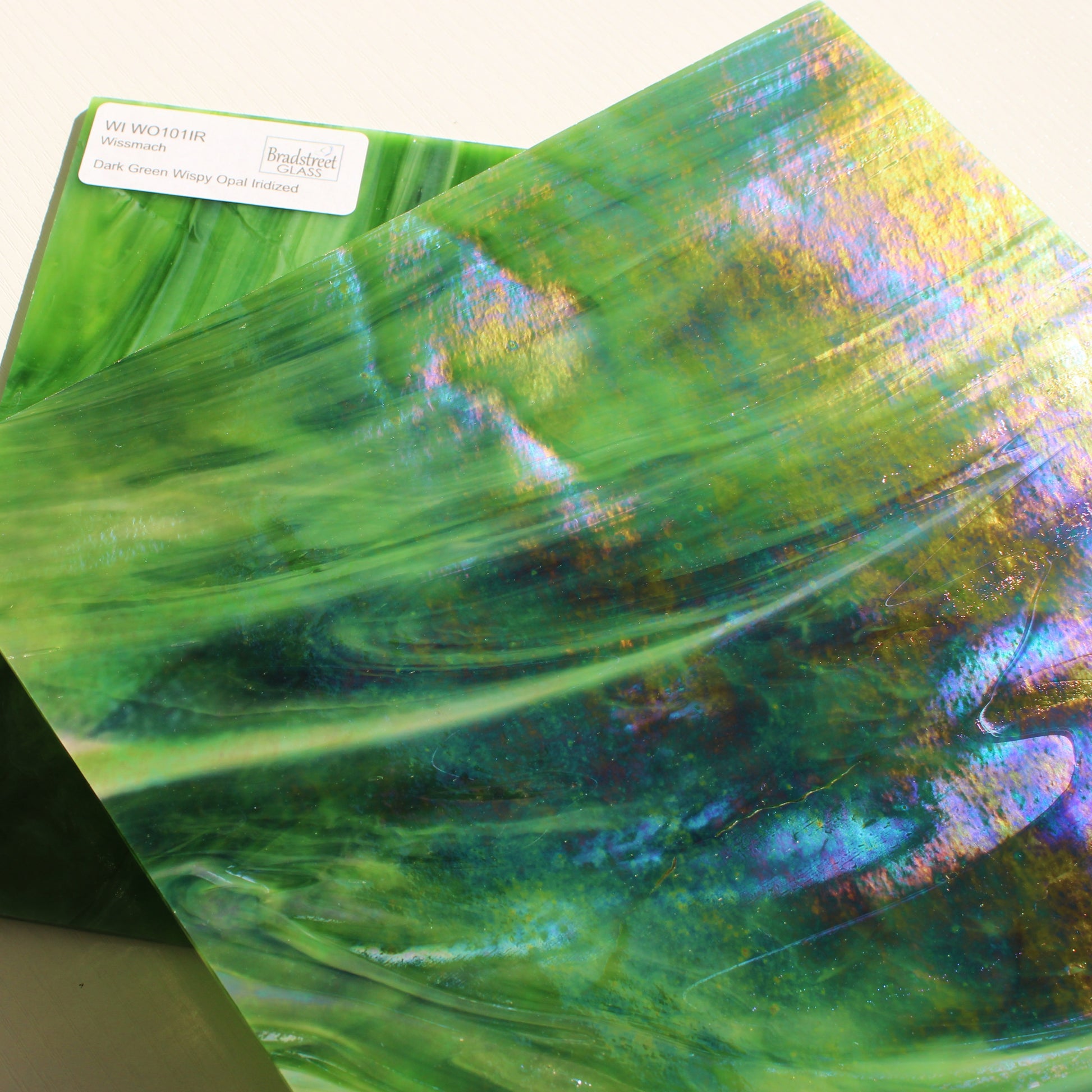 Dark Green Wispy Opal Iridized Stained Glass Sheet Wissmach WO101IR Green Swirled Iridescent Art Glass at Bradstreet Glass