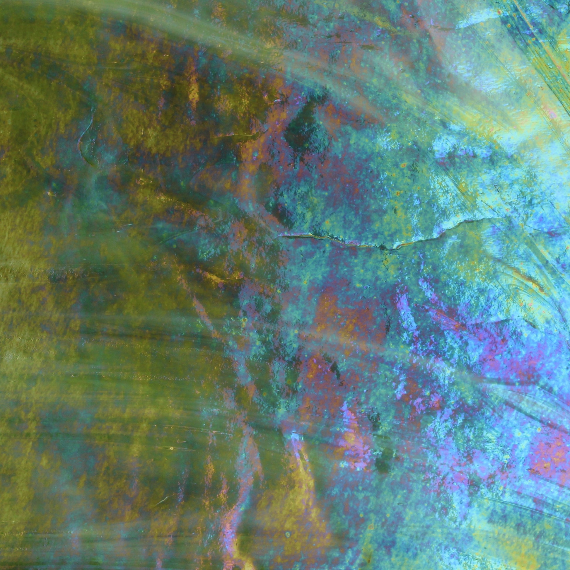 Dark Green Wispy Opal Iridized Stained Glass Sheet Wissmach WO101IR Green Swirled Iridescent Art Glass at Bradstreet Glass