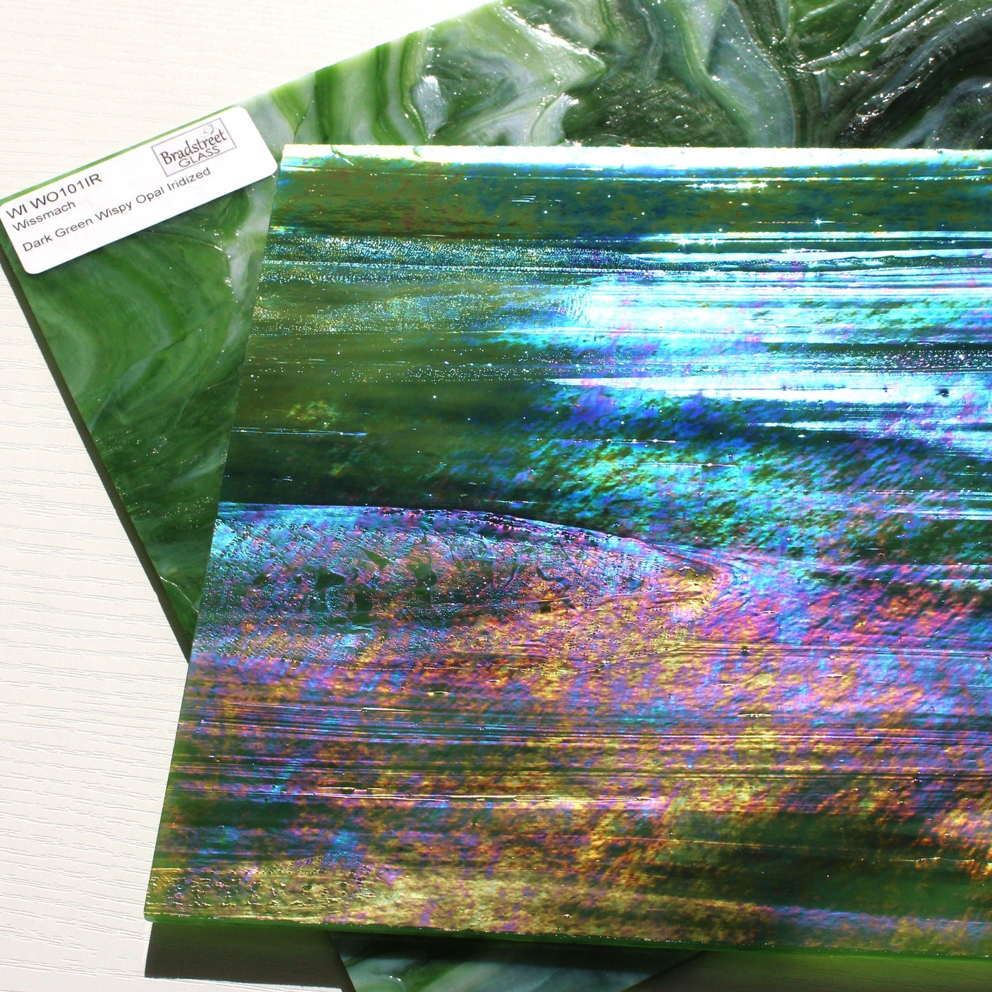 Dark Green Wispy Opal Iridized Stained Glass Sheet Wissmach WO101IR Green Swirled Iridescent Art Glass at Bradstreet Glass