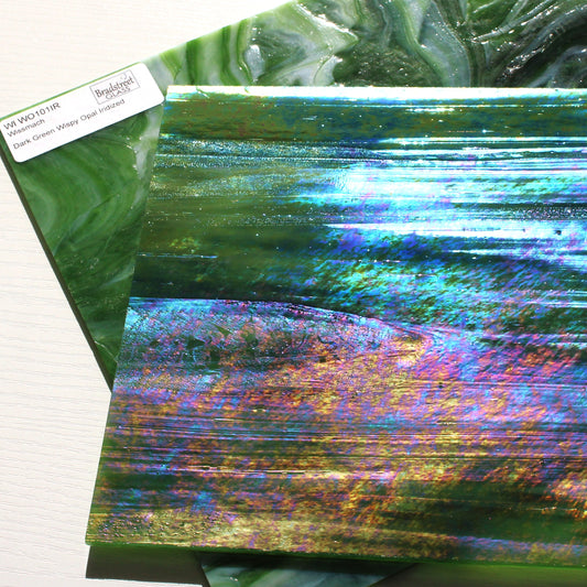 Dark Green Wispy Opal Iridized Stained Glass Sheet Wissmach WO101IR Green Swirled Iridescent Art Glass at Bradstreet Glass