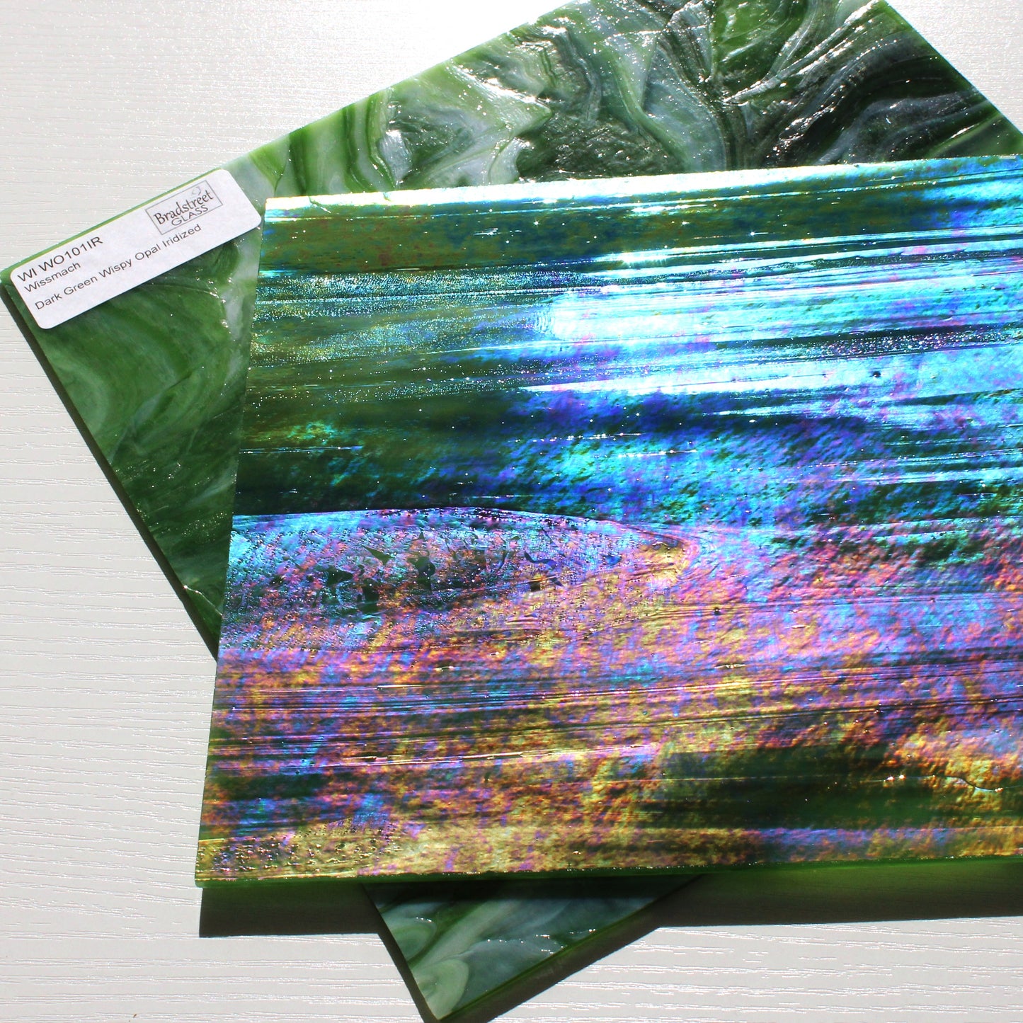 Dark Green Wispy Opal Iridized Stained Glass Sheet Wissmach WO101IR Green Swirled Iridescent Art Glass at Bradstreet Glass