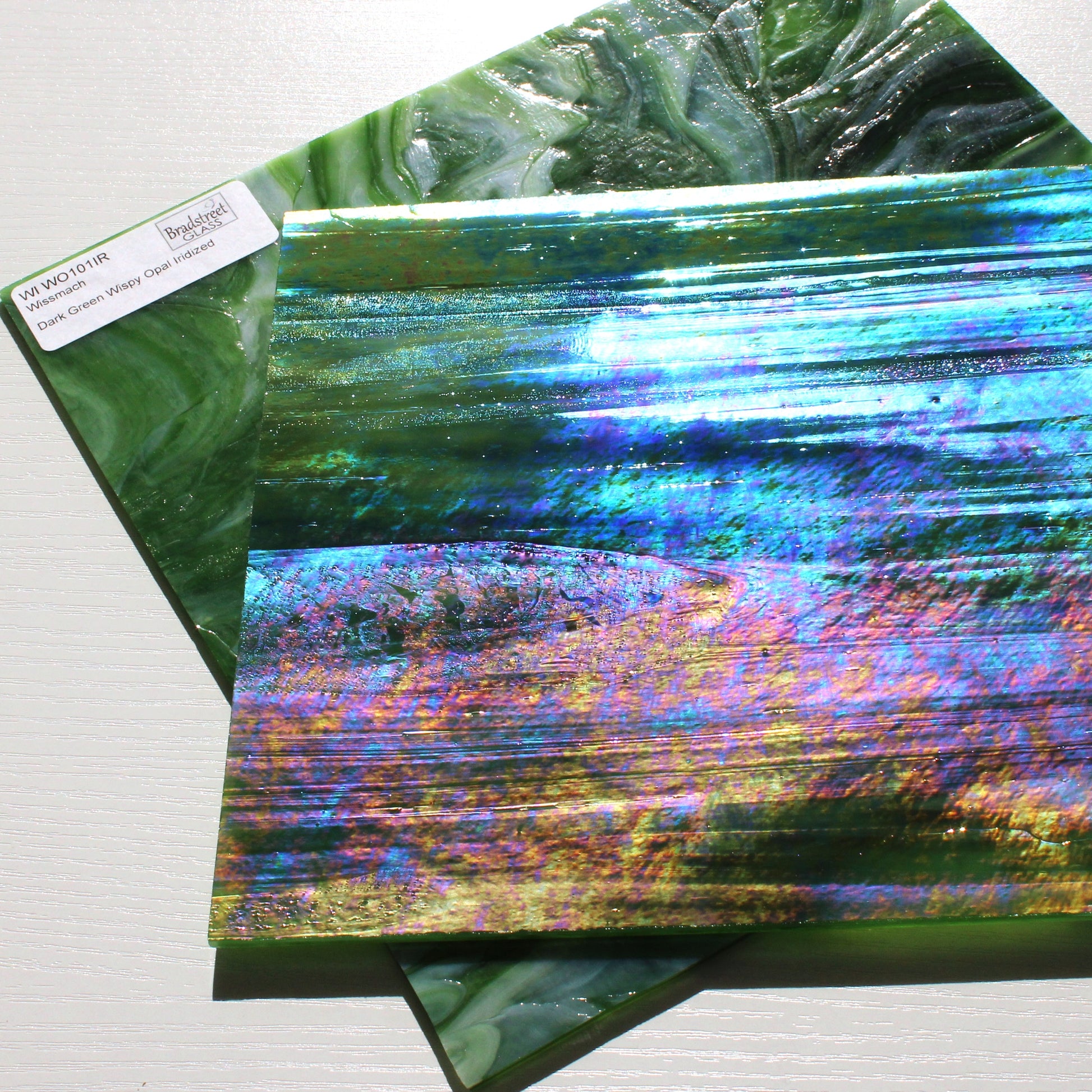 Dark Green Wispy Opal Iridized Stained Glass Sheet Wissmach WO101IR Green Swirled Iridescent Art Glass at Bradstreet Glass