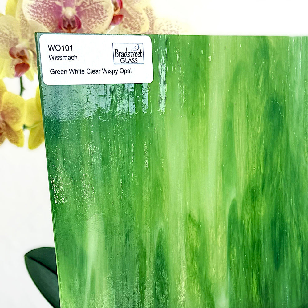 Wissmach WO101 Stained Glass Sheet
Green, White, Clear Wispy Opal art glass for stained glass and mosaics at Bradstreet Glass.
