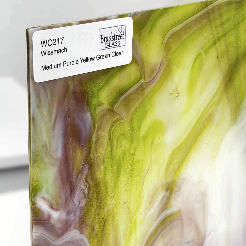 Wissmach WO217 Stained Glass Sheet.
Medium Purple Yellow Green Clear Wispy Opal art glass for stained glass and mosaics at Bradstreet Glass.