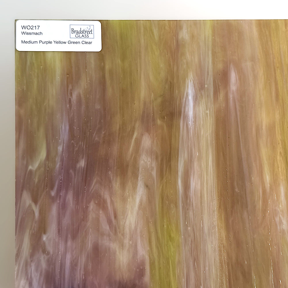 Wissmach WO217 Stained Glass Sheet.
Medium Purple Yellow Green Clear Wispy Opal art glass for stained glass and mosaics at Bradstreet Glass.