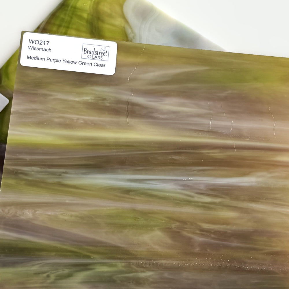Wissmach WO217 Stained Glass Sheet.
Medium Purple Yellow Green Clear Wispy Opal art glass for stained glass and mosaics at Bradstreet Glass.